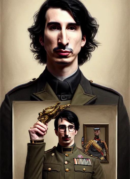 Prompt: a portrait of john oliver holding a portrait of adam driver, military uniform, fantasy, intricate, elegant, beautiful, highly detailed, charcoal, centered, dark, smokey, digital painting, artstation, concept art, smooth, sharp focus, illustration, art by artgerm and greg rutkowski and alphonse mucha