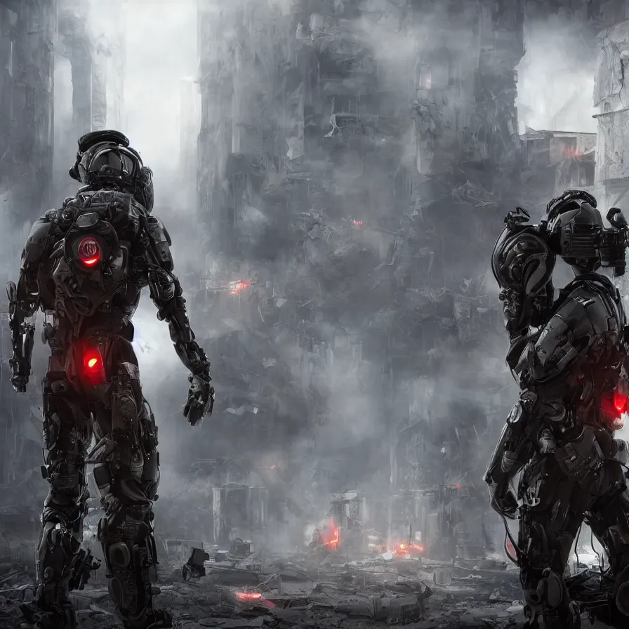 Prompt: 8 k hyperrealistic cinematic shot starset band in epic sci fi combat suits and helmets, standing in the streets, examining ruins, in an apocalyptic ruined distopian future city in an epic cinematic shot, brutalist buildings tower over with red haze, performing a music video, hyper ultra detailed, stunning realism, real scale