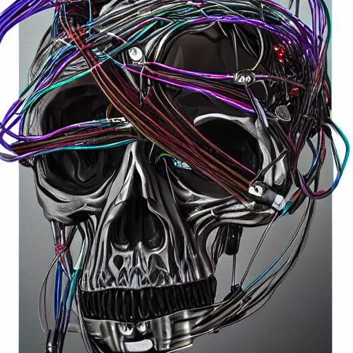 Prompt: skull wires skin cables, cybernetic nightmare