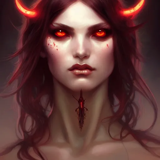 Image similar to Portrait of succubus girl, D&D, red eyes, face, fantasy, intricate, elegant, highly detailed, digital painting, artstation, concept art, smooth, sharp focus, illustration, art by artgerm and greg rutkowski and alphonse mucha