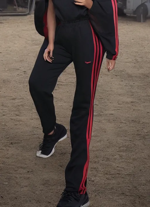 Image similar to Kim kardashian wearing a tracksuit, backround: caravan, uhd, photo: realistic, 4k, cinematic, faint light, wide shot, cigarette in hand