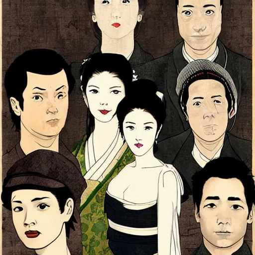 Image similar to cast of firefly, digital art, utamaro kitagawa mixed with banksy style