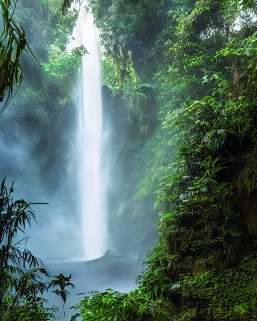 Prompt: A hidden waterfall in the jungle, Ruins are visible, smokey scene, 8k, professional photography,