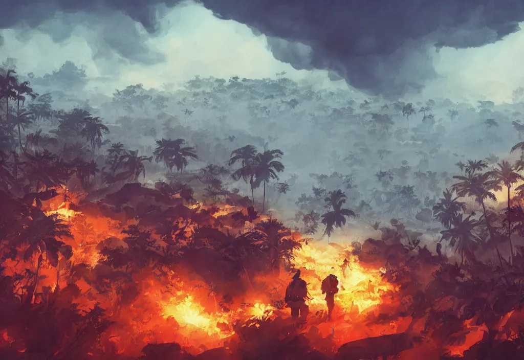 Prompt: handmade illustration of an epic Vietnam war scene with a few american soldiers walking, the jungle at the background, some smoke and fire, blue sky with dramatic clouds, line art, ink, watercolor by Kilian Eng and by Jake Parker, heavy brushstrokes, winning-award masterpiece, fantastic, octane render, 8K HD Resolution, High quality image