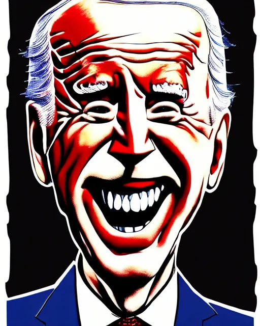 Image similar to an political caricature of joe biden, by gerald scarf and ralph steadman, illustration, ink drips, front angle, ink splatters, pen and ink, flat color, distorted features, spittle, drawing, facing front, anatomically correct, beautiful perfect face, sharp focus, highly detailed, cinematic lighting, 8 k, hd