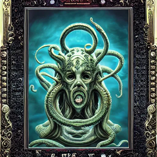 Image similar to portrait of cthulhu made with porcelain by Jeff Easley and Peter Elson + beautiful eyes, beautiful face + symmetry face + border and embellishments inspiried by alphonse mucha, fractals in the background, galaxy + baroque, gothic, surreal + highly detailed, intricate complexity, epic composition, magical atmosphere + masterpiece, award winning + trending on artstation