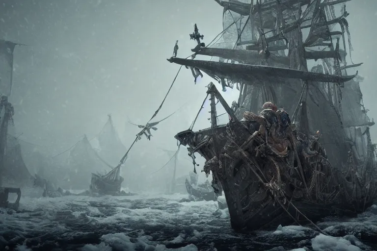 Image similar to a pirate ship with elaborate design driven by skeletons in the middle of a snowstorm, dark souls inspired, elden ring inspired, octane render, rtx, unreal engine 5, digital painting, trending on artstation, highly detailed, epic composition, 8 k uhd