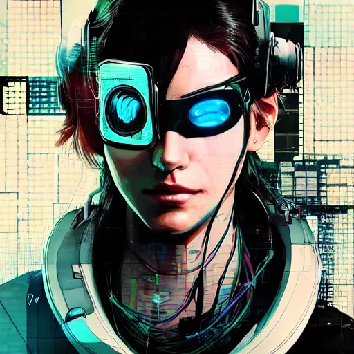 Image similar to a beautiful side portrait of a female cyberpunk hacker, wires, cables, computers, machines. art by yoji shinkawa and sandra chevrier, trending on artstation,