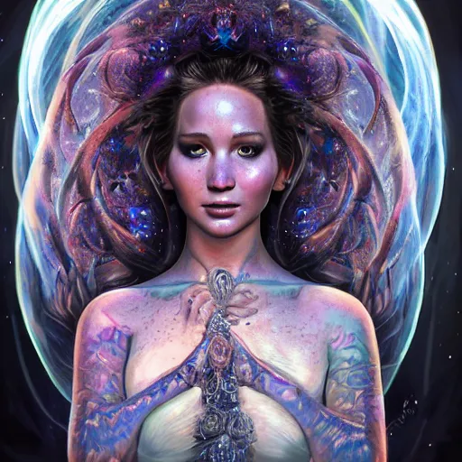 Prompt: a wlop 3 d render of very very very very highly detailed beautiful mystic portrait of a phantom cthulu priestess jennifer lawrence with whirling galaxy around, tattoos by anton pieck, intricate, extremely detailed, digital painting, artstation, concept art, smooth, sharp focus, illustration, intimidating lighting, incredible art,