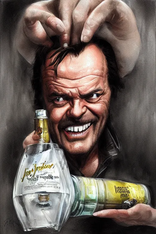 Image similar to a bottle of jack nicholson, jack nicholson inside the bottle, by artgerm and greg rutkowski