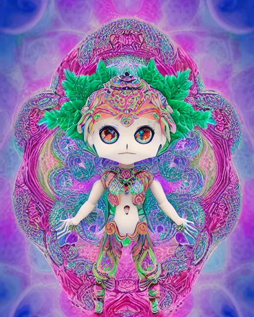 Image similar to fractal mandala funny nendroid nendroid girl very funny joy emoji psy trip ghost color an ancient white bone and emerald gemstone relic, intricate engraving concept art style