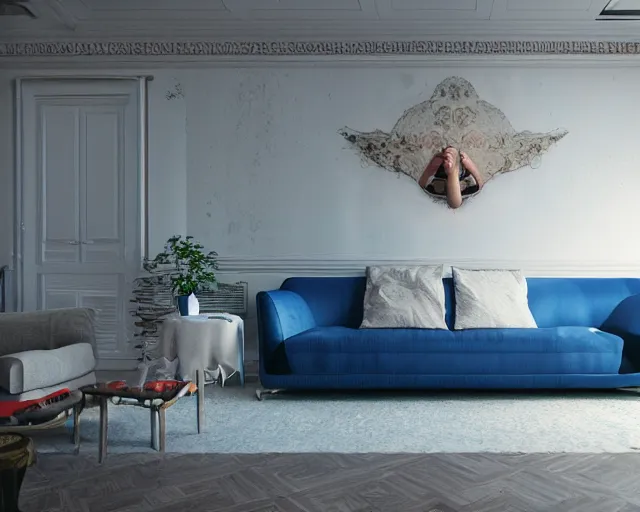 Prompt: of a very beautiful scene. ambient occlusion render. a sweet fat old woman is flying above the sofa. hyper realistic. 4 k. wide angle. wild. symmetrical face, red mouth, blue eyes. deep focus, lovely scene. ambient occlusion render. concept art. unreal engine.