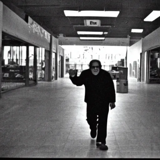 Prompt: A creepy photo of Danny Devito chasing you in an abandoned shopping mall, disposable film