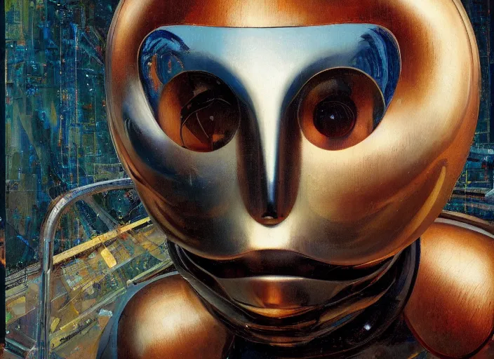 Image similar to a portrait headshot of sci fi metallic human, bright eyes, melancholic complex geometric figure liminal machinery by oskar schlemmer, moebius, john berkey, oil on canvas, portrait facial head, featured on artstation, hd wallpaper