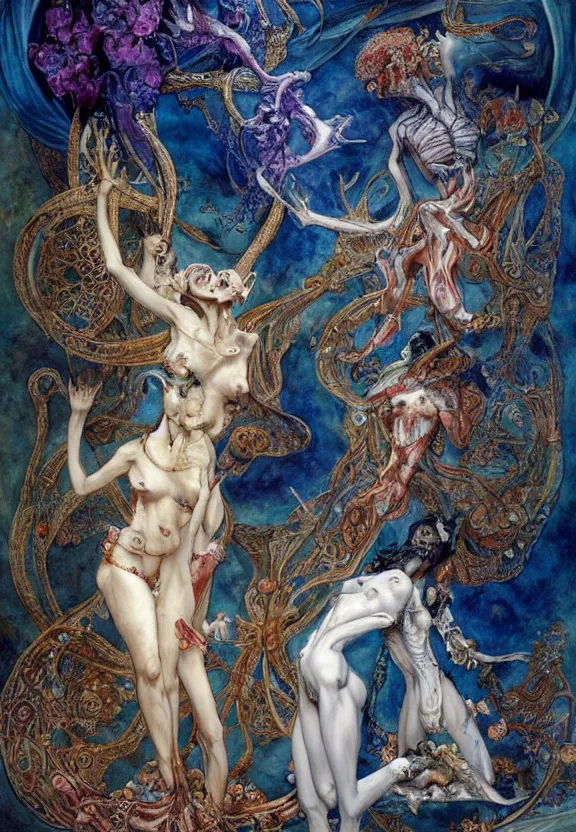 Image similar to simplicity, elegant, colorful blue djinn bodies and bones radiating from fractal, orchids, flowers, mandala, white bones, by h. r. giger and esao andrews and maria sibylla merian eugene delacroix, gustave dore, thomas moran, pop art, chiaroscuro, biopunk, art nouveau