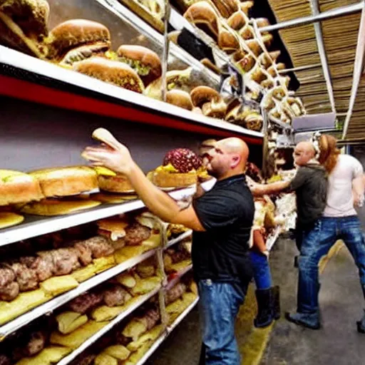 Prompt: promotional photo from the tv show storage hunters, a crowd gets excited seeing a storage room full of hamburgers, movie still, cinematic,