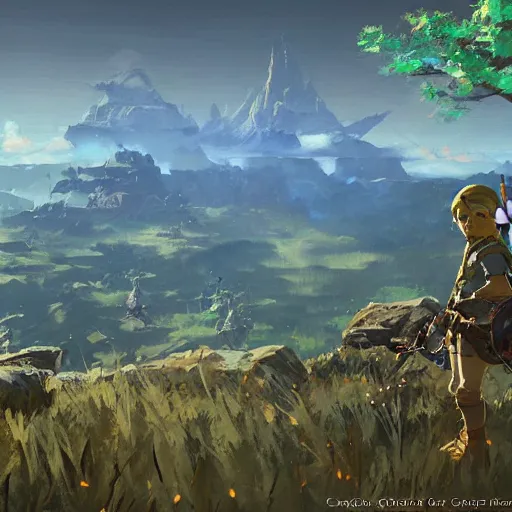 Image similar to breath of the wild screenshot painted by craig mullins,