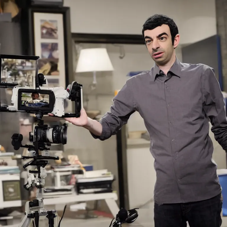 Image similar to dslr photograph of nathan fielder from nathan for you on comedy central controlling a puppet version of himself filmed by a tv crew, high detail!!! 8 k photorealism sharp focus volumetric lighting, coherent!!! art directed, rule of thirds,