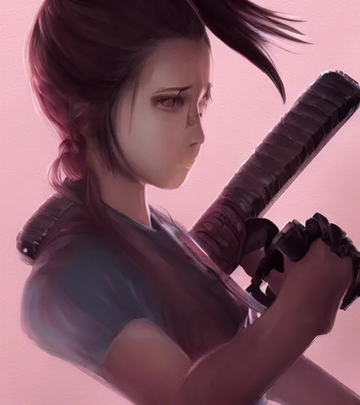 Image similar to a girl holding a katana, ponytail, highly detailed, digital painting, artstation, concept art, smooth, sharp focus, kunoichi, illustration, style of chainsaw man