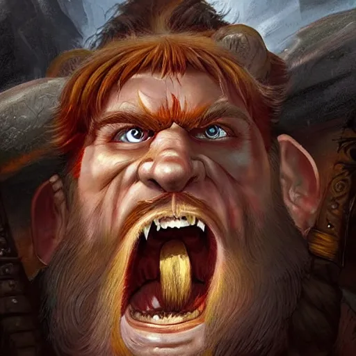 Prompt: masterpiece digital painting portrait of gotrek! ( troll slayer dwarf ) yelling, frenzy, punk hair style, red hair, epic, cinematic lights, huge axe, by boris vallejo and samwise didier, warhammer battle, artstation, pinterest, unreal engine render, 8 k, detailed