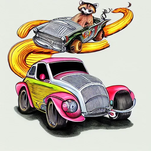 Image similar to racoon riding in a tiny hot rod coupe with oversized engine, ratfink style by ed roth, centered award winning watercolor pen illustration, by chihiro iwasaki, edited by range murata