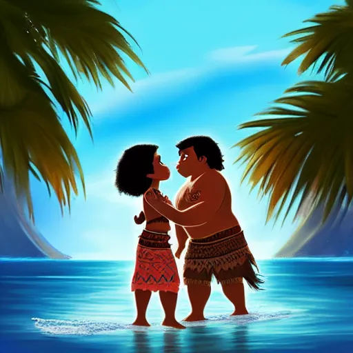 Image similar to Moana kissing Maui, concept art, digital art, Disney style-H 800