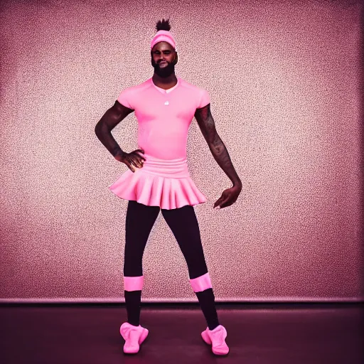 Image similar to paparazzi photo of Lebron James Lebron James Lebron James Lebron James Lebron James wearing ballet clothes, pink skirt, pink shirt, ponytail, ultra high definition, professional photography, dynamic shot, smiling, high angle view, portrait, Cinematic focus, Polaroid photo, vintage, neutral colors, soft lights, foggy, by Steve Hanks, by Serov Valentin, by lisa yuskavage, by Andrei Tarkovsky 8k render, detailed, oil on canvas, beautiful beautiful beautiful beautiful beautiful beautiful