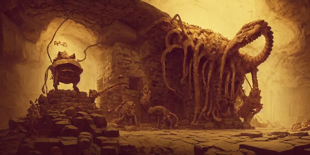 Image similar to illustrations of ancient catacombs, dark fantasy, sigils, runes, magic, wizard fighting a golem, composition accidental renaissance golden ratio, cinematic, by sachin teng and sergey kolesov and ruan jia and heng z and wlop. graffiti art, scifi, fantasy, hyper detailed, octane render, ue 5