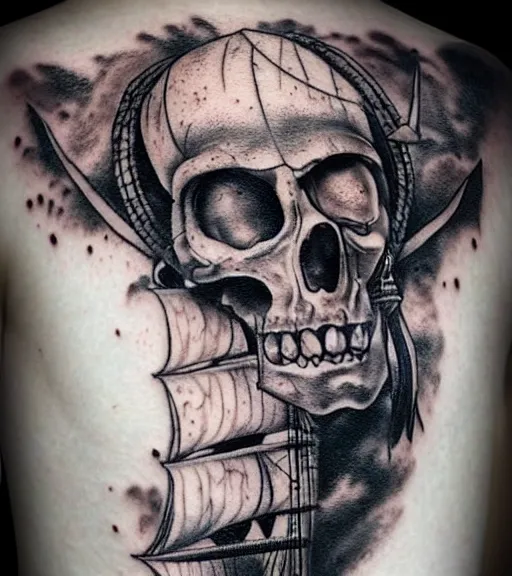 Prompt: A realistic painting of a pirate ship, realism tattoo design, white background, highly detailed tattoo, shaded tattoo, hyper realistic tattoo