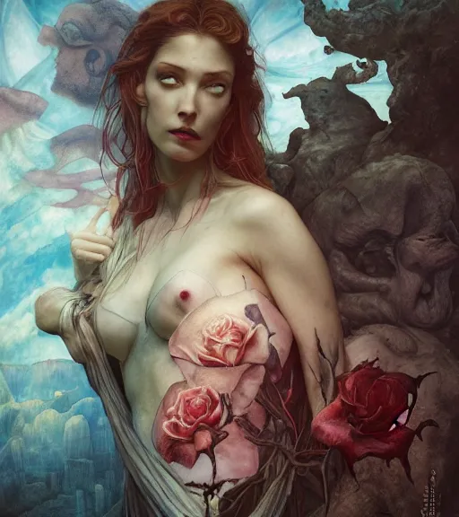 Prompt: blood rose nightmare of the maiden in the fortress of lies, by annie swynnerton and tino rodriguez and charlie bowater and tom bagshaw and nicholas roerich and jean delville and evelyn de morgan and lucien freud, dramatic lighting, floral tattoos, rich colors, smooth sharp focus, anime key visual, extremely detailed, adolf wolfli