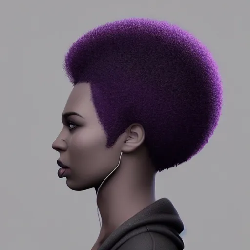 Prompt: black woman with grey bob hairstyle, purple eyes, wearing dark green bomber jacket, realistic 4 k octane beautifully detailed render, 4 k post - processing, highly detailed, intricate complexity, epic composition, magical atmosphere, cinematic lighting, masterpiece, ultra hd