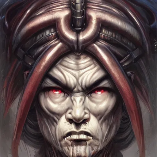 Image similar to portrait, cyberpunk japanese oni demon with horns, stern expression, long hair, highly detailed, digital painting, artstation, concept art, smooth, sharp focus, illustration, artgerm, tomasz alen kopera, peter mohrbacher, donato giancola, joseph christian leyendecker, wlop, frank frazetta