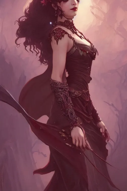 Image similar to beautiful vampire female princess, full body shot, messy bun, d & d, fantasy, intricate, elegant, highly detailed, digital painting, artstation, concept art, matte, sharp focus, illustration, hearthstone, art by artgerm and greg rutkowski and alphonse mucha