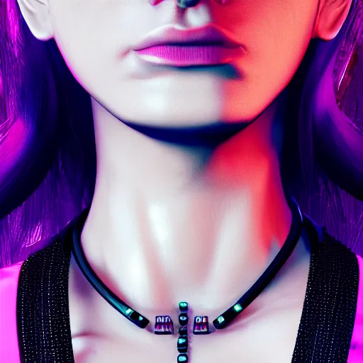 Image similar to female V from Cyberpunk 2077 wearing spiked steel choker, steel collar, steel choker, punk, steel collar, 4K, realistic, spiked collar, portrait, art, beautiful,