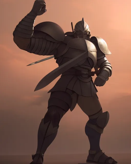 Image similar to strong muscular warrior with a greatsword and fully clad in plate armor, dramatic action pose, square masculine jaw, short messy hair, 3 d octane render, unreal engine 5, ultra high detail, cel shaded, trending on pixiv fanbox, by greg rutkowski makoto shinkai takashi takeuchi studio ghibli, akihiko yoshida