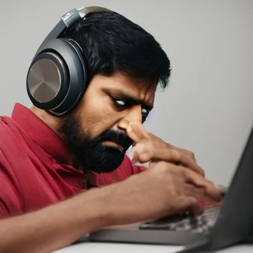 Prompt: Angry Indian man wearing headphones and using his old computer, at job headquarters, dslr photo