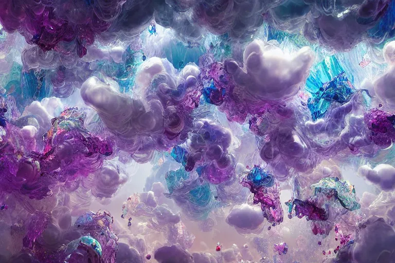 Image similar to simplicity, a huge flock of many ornate translucent puffy filigreed clouds tangled into large whirling ultra detailed clumps of crystal specimens, abstract environment, playful, award winning art, epic dreamlike fantasy landscape, ultra realistic,