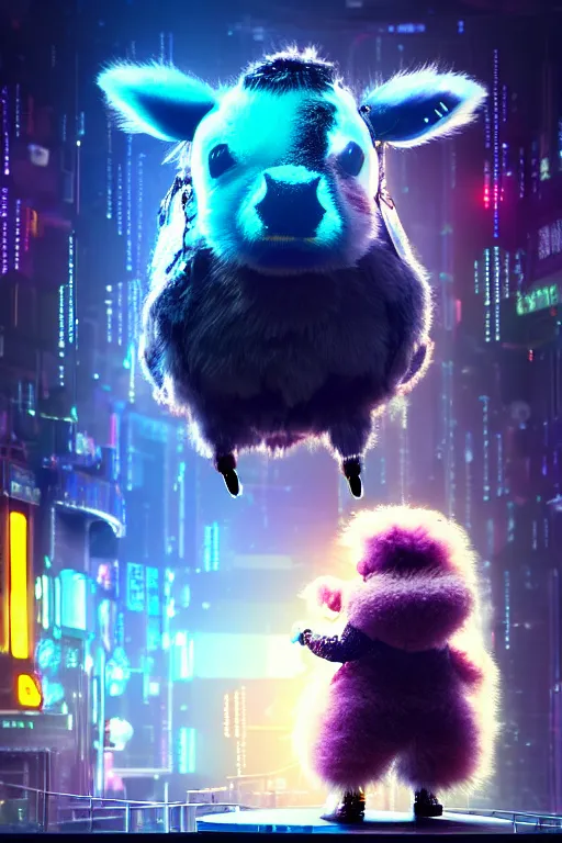 Image similar to high quality 3 d render very cute neuromancer fluffy! cyborg cow playing! drums!!, highly detailed, unreal engine cinematic smooth, in the style of blade runner & detective pikachu, hannah yata charlie immer, moody light, low angle, uhd 8 k, sharp focus