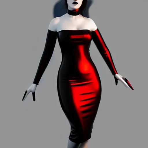 Prompt: a curvy pale hot goth young woman wearing an elegant modest tight shiny red-silver-black striped latex high-neck dress, cgsociety, photorealistic, sublime-cool-hyperadvanced-dark ambience, 16k, smooth, sharp focus, trending on ArtStation, volumetric lighting, fully clothed, thin waist