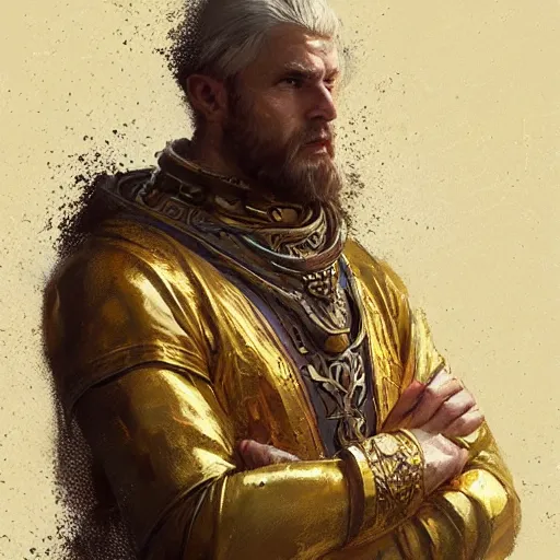 Prompt: Portrait of a noble person wearing a golden toga and crossing his arms, fantasy, medieval, highly detailed, Artstation, painting by greg rutkowski