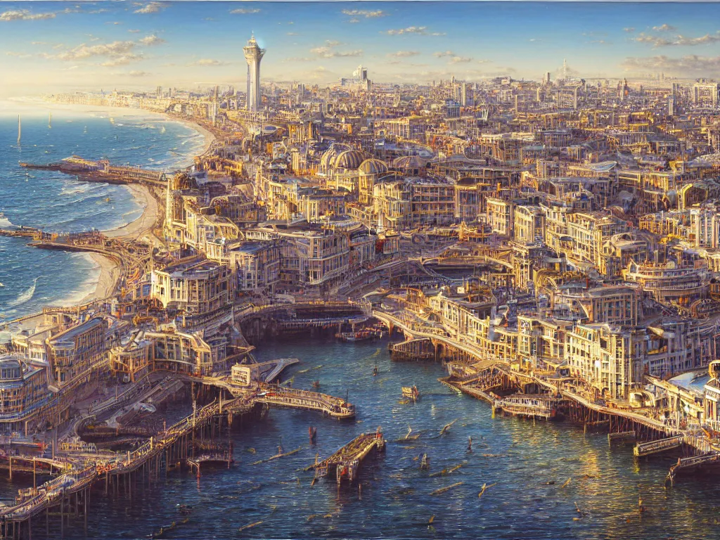 Image similar to hyperrealistic painting of brighton hove, mechanical designs, victorian houses, technological, detailed engineering, vivid color, elegant, meticulous, cinematic, cyberpunk style, highly detailed, realism, intricate, acrylic on canvas, 8 k resolution, concept art, by noriyoshi ohrai, francesco di giorgio martini