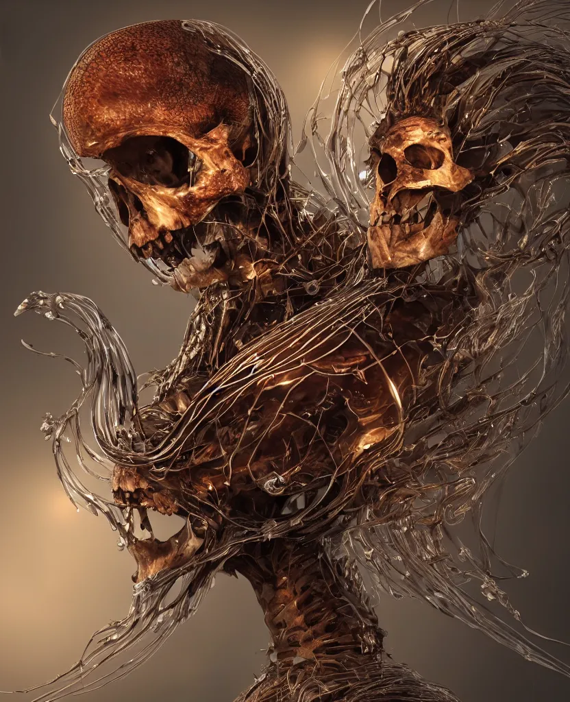 Prompt: close-up macro portrait of the face of a beautiful princess with animal skull mask and ribcage, epic angle and pose, symmetrical artwork, 3d with depth of field, blurred background, cybernetic jellyfish female face skull phoenix bird, translucent, nautilus, energy flows of water and fire. a highly detailed epic cinematic concept art CG render. made in Maya, Blender and Photoshop, octane render, excellent composition, cinematic dystopian brutalist atmosphere, dynamic dramatic cinematic lighting, aesthetic, very inspirational, arthouse. y Greg Rutkowski, Ilya Kuvshinov, WLOP, Stanley Artgerm Lau, Ruan Jia and Fenghua Zhong