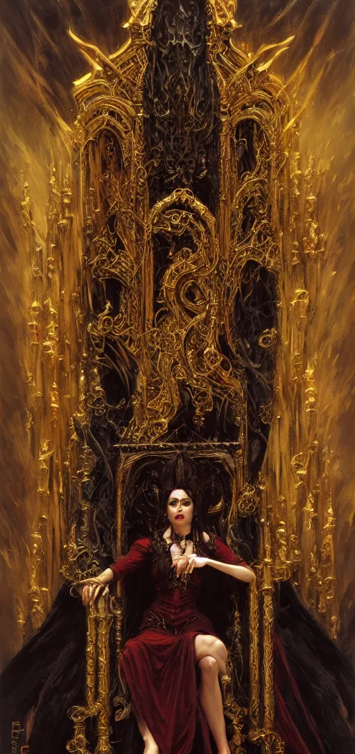 Image similar to full body portrait of beautiful vampire queen in gold gothic robe sitting on a throne of bones, elegant, highly detailed painting by gaston bussiere, craig mullins, j. c. leyendecker, 8 k, mid shot