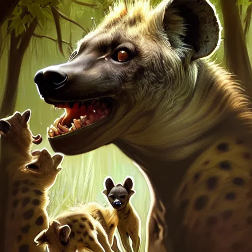 Image similar to photo of a hyena with a woman's head feeds puppies in the forest, highly detailed, digital painting, artstation, smooth, sharp focus, illustration, art by artgerm and greg rutkowski and alphonse mucha