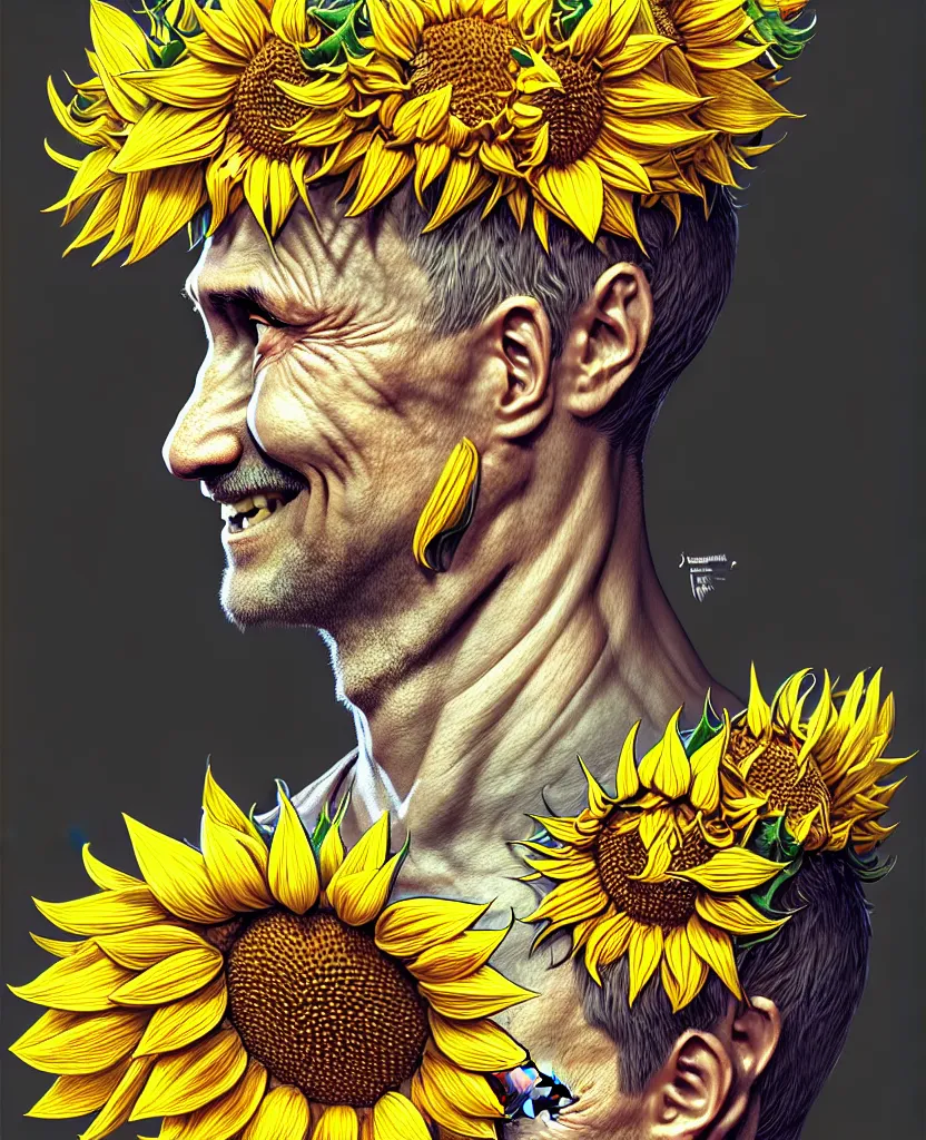 Image similar to digital art, centered full body of Putin smiling king, Sunflower crown, ,intricate, veins, by James Jean and by artgerm , by ross tran ultradetailed, charachter design, concept art, trending on artstation,