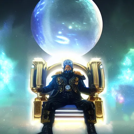 Image similar to God Emperor of the Galaxy sits upon his resplendent throne, highly detailed, sharp focus, artstation, volumetric lighting, cinematic, award winning