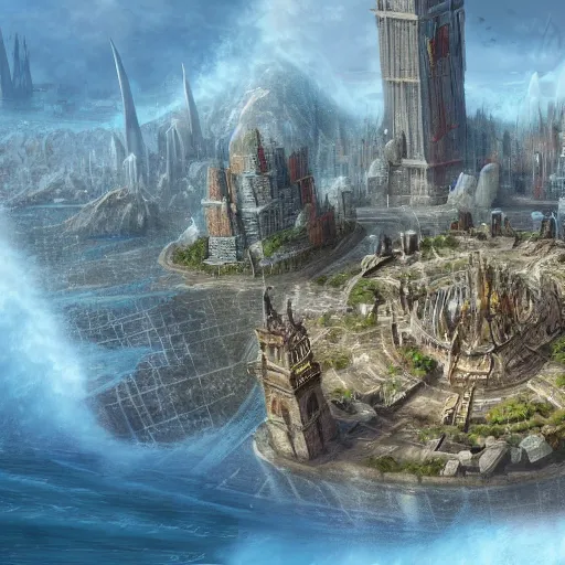 Image similar to Large Fantasy City in the middle of an island in the ocean, concept art, matte painting