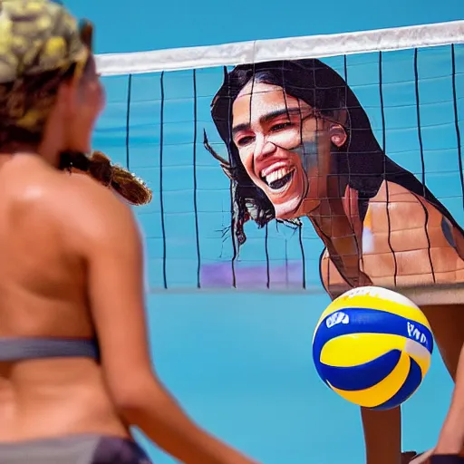 Prompt: a painting of Alexandria Ocasio-Cortez smiling while playing beach volleyball, in a warm sunny day