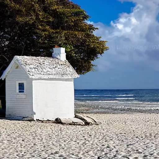 Image similar to a whitewashed cottage on a windswept beach