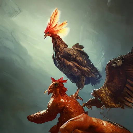 Image similar to chicken/hawk, magic the gathering artwork, D&D, fantasy, cinematic lighting, centered, symmetrical, highly detailed, digital painting, artstation, concept art, smooth, sharp focus, illustration, volumetric lighting, epic Composition, 8k, art by Akihiko Yoshida and Greg Rutkowski and Craig Mullins, oil painting, cgsociety